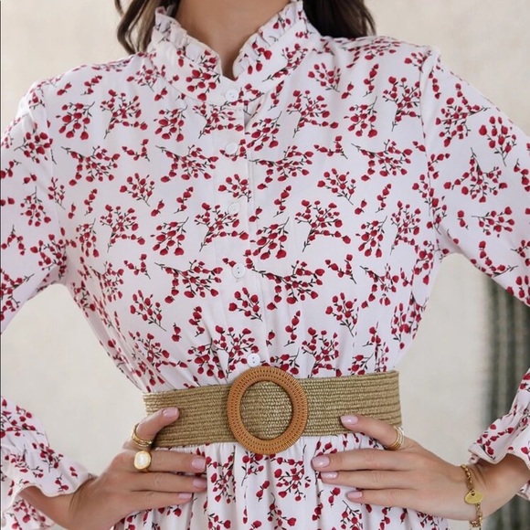 Allover print flounce sleeve shirt dress w/o belt - Picture 3 of 6